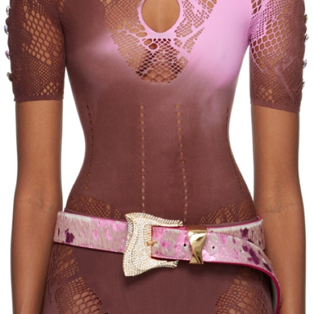 Pink and Brown Lace Dress with Belt